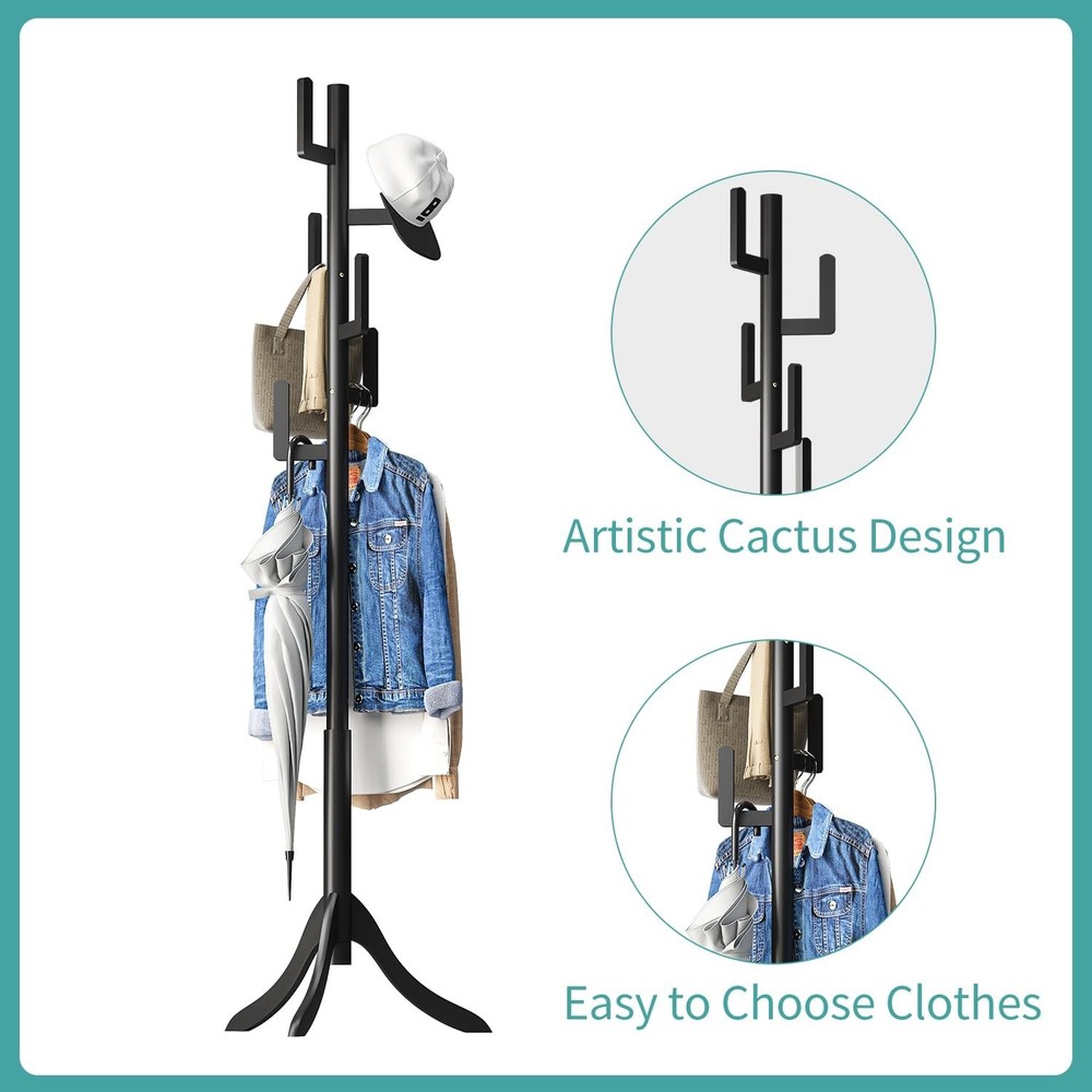 Black Coat Rack Freestanding, Bamboo Cactus Coat Tree, Adjustable Height Wood...