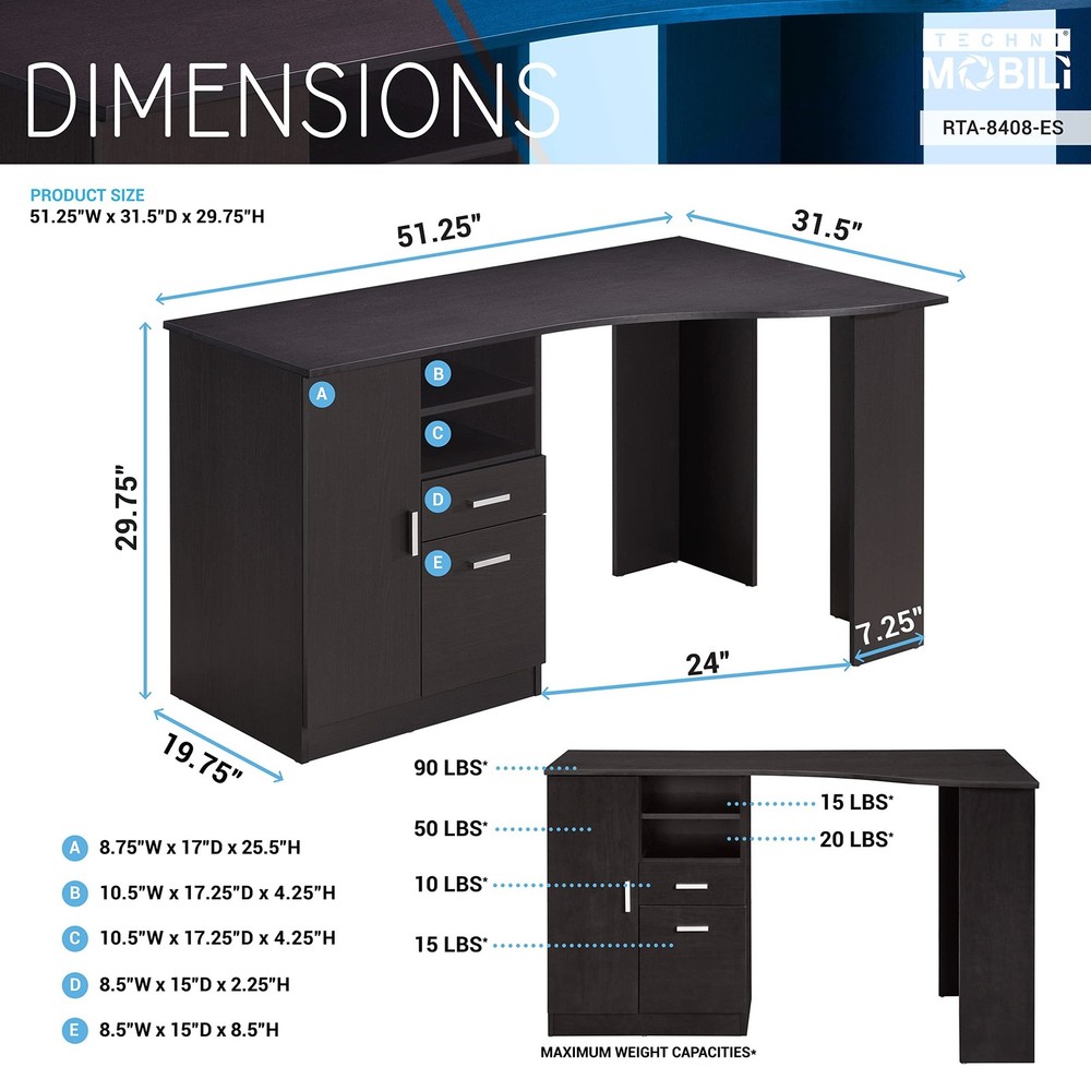 Techni Mobili Classic Office Storage Computer Desk, Espresso