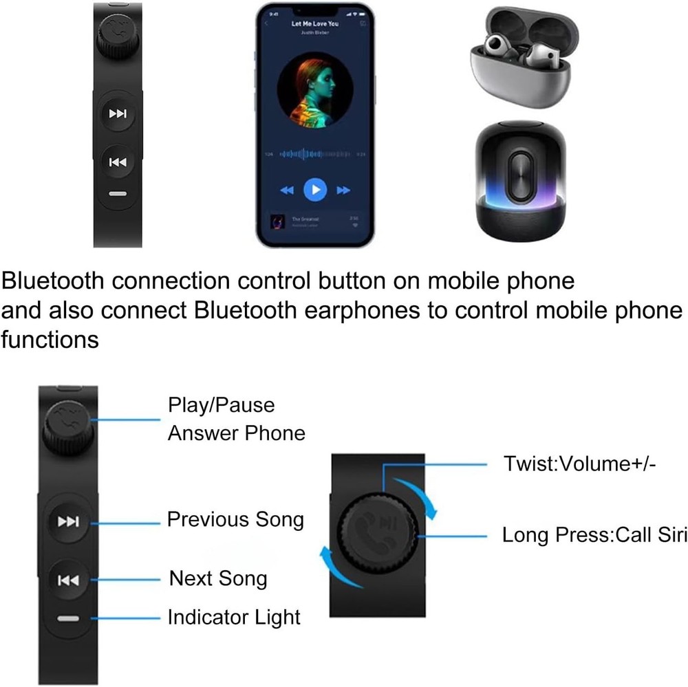 Black Wireless Bluetooth Media Button Remote Controller For Motorcycle Handlebar