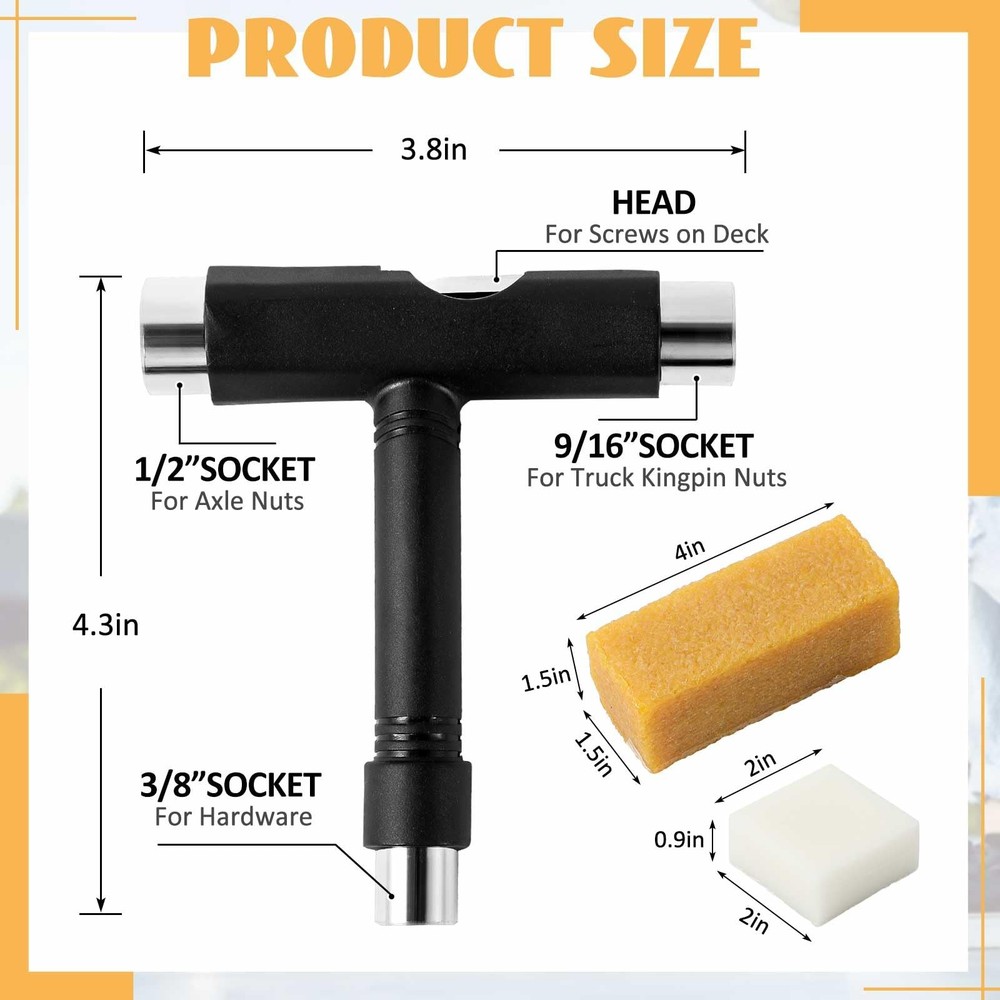 3 Pcs Skateboard Tool Set Multi-Function T Tool Wax Grip Tape Cleaner