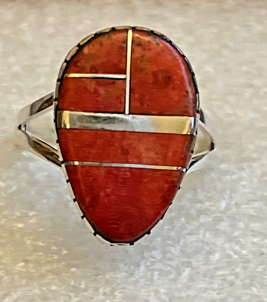 Natural Red Coral Split Band Ring size 10 in Sterling Silver