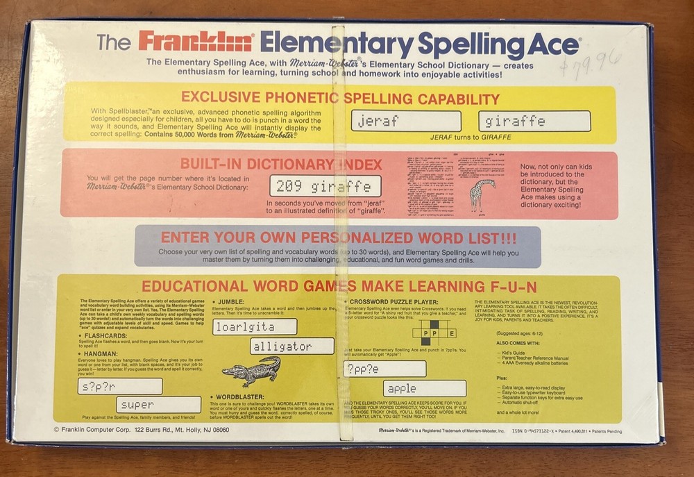 Franklin Elementary Spelling Ace ES90 1989 + Webster Dictionary 1986 NEW SEALED