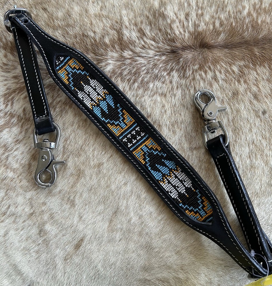 Tooled Top Grain Black Leather Beaded Western Wither Strap Navajo Design