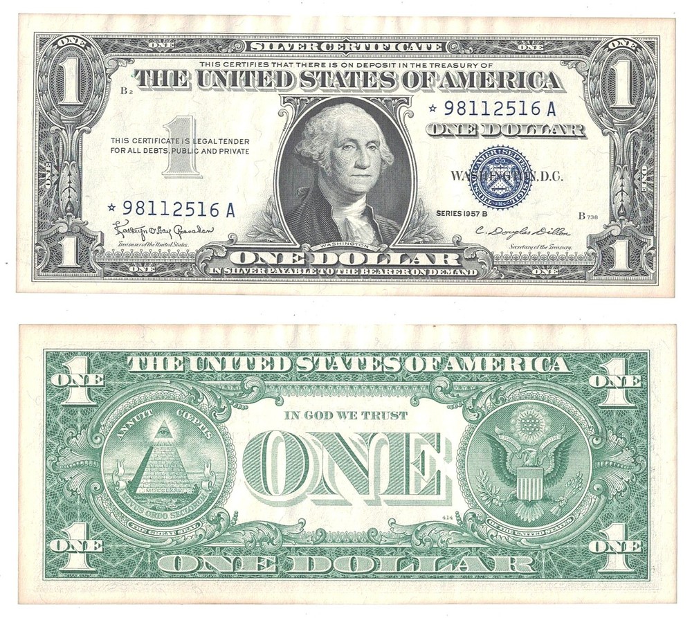 1957-B $1 Silver Certificate A Block  Star Note Fr 1621* Unc. Margin Stains