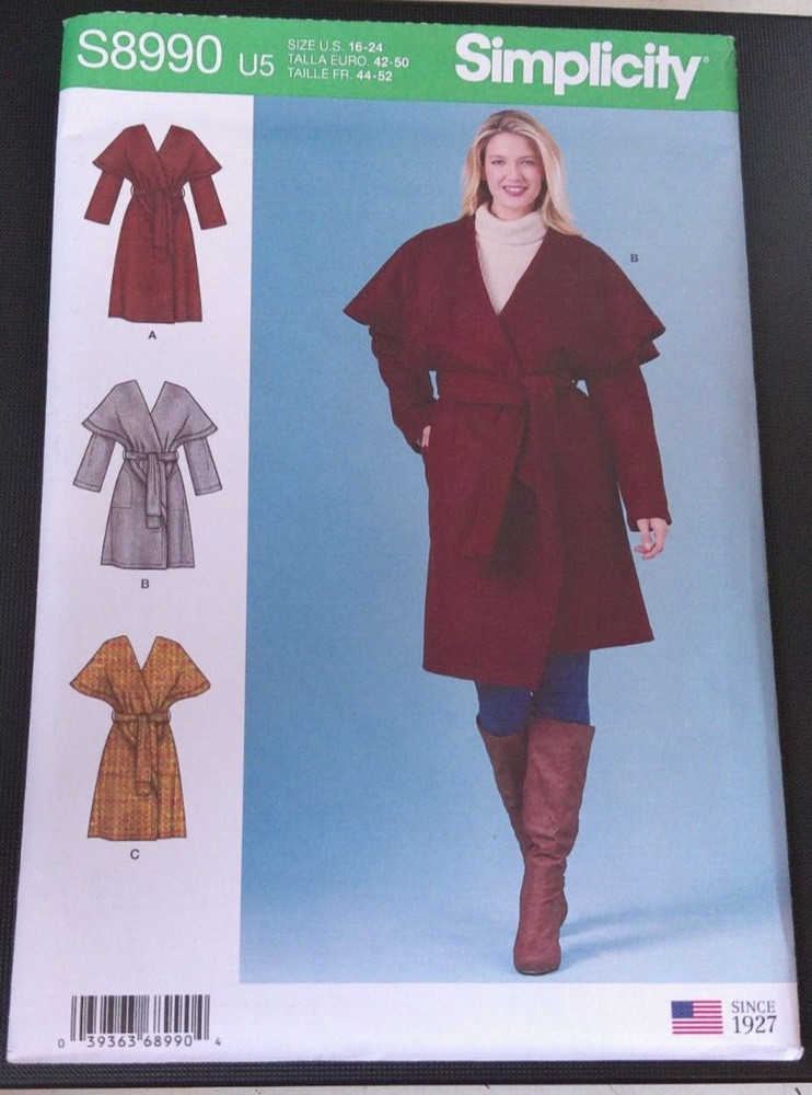 Simplicity Pattern S8990 Ms Wrap Coat w/Sleeve Opt & Cape Effect & Belt Sz 16-24