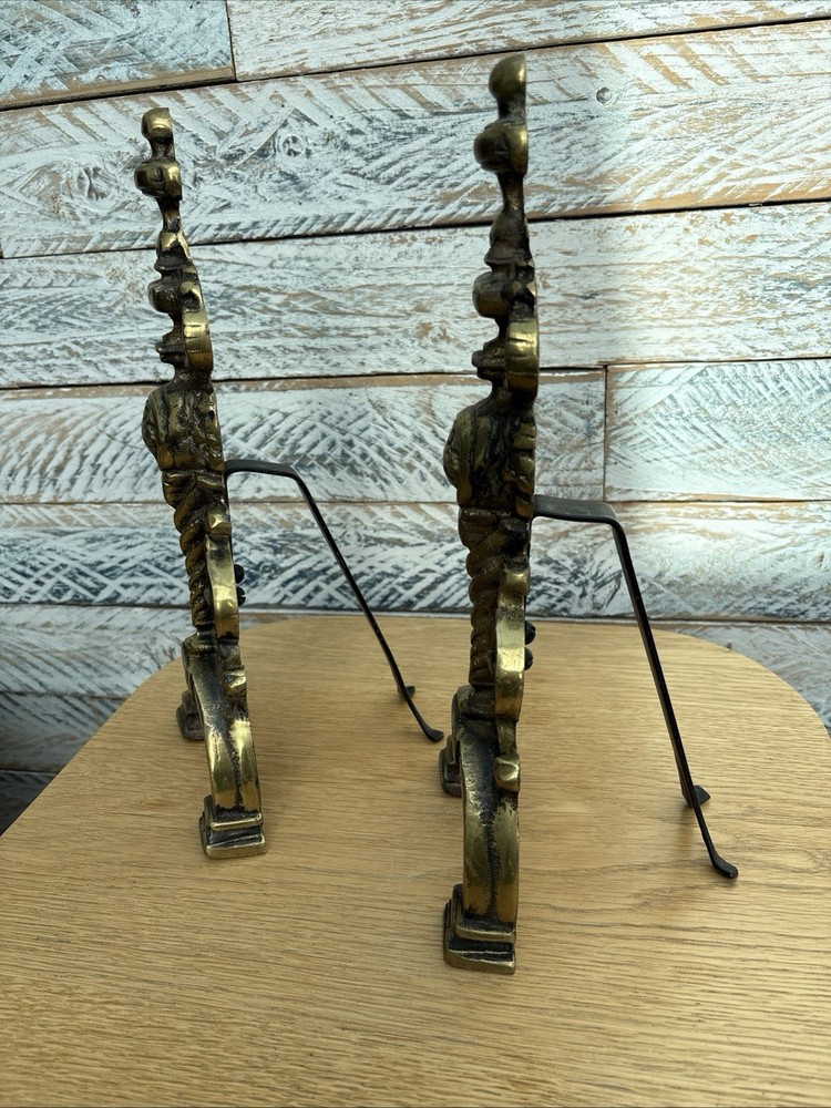 Brass Fire Dogs Antique Late Victorian / Edwardian Solid Brass 35cms Tall