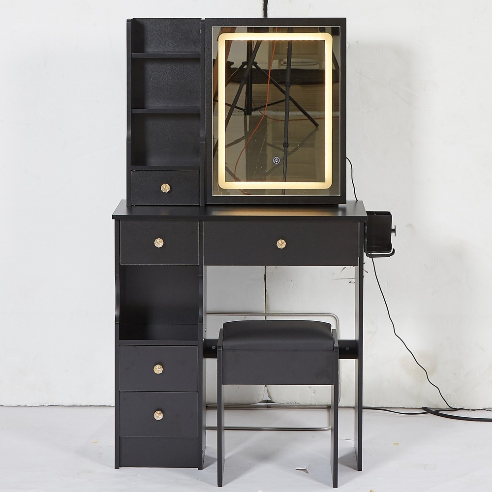 29.2" Small Size Left Drawer Desktop Vanity Table + Cushioned Stool, 2 AC+2 USB