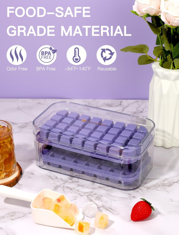 2 Ice Cube Trays, 64 Pcs, With Storage Bin, For Tea Coffee, Purple