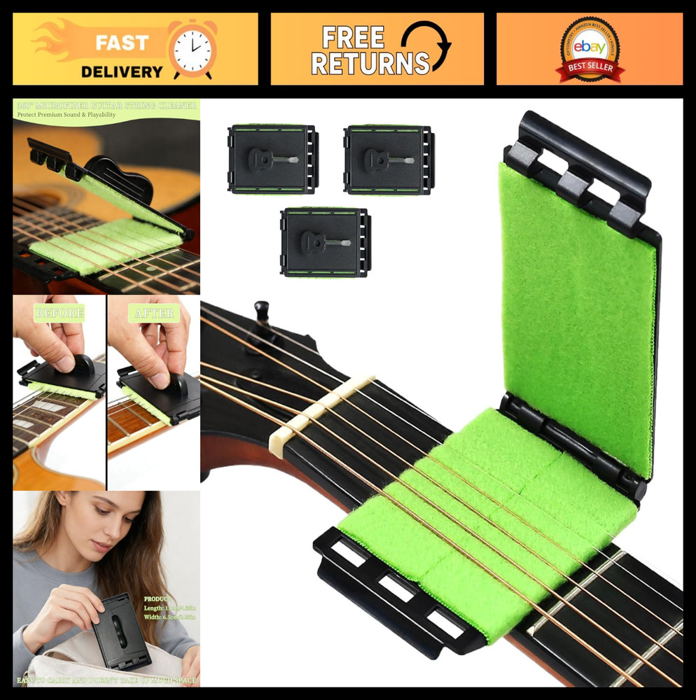 3-Pack Guitar String Cleaner & Fretboard Cloth Tool, Fret Floss Scrubber Kit for