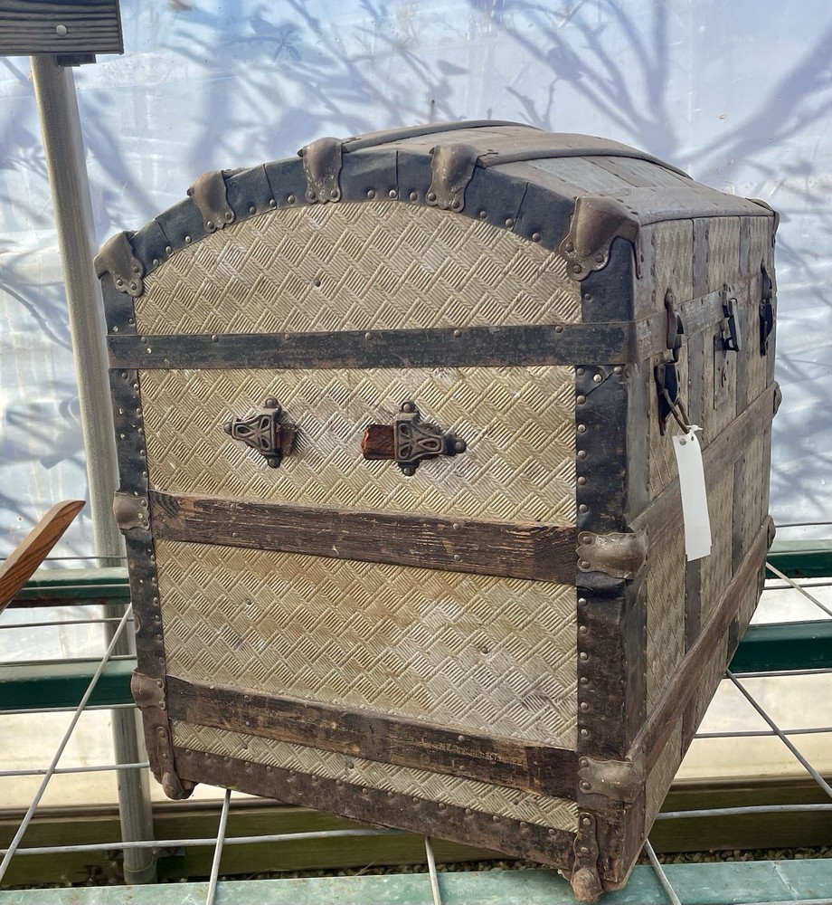 ANTIQUE DOME TOP STEAMER TRUNK, CHEST, EMBOSSED TIN