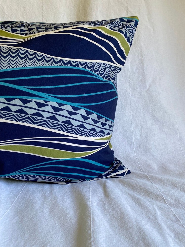 Blue Pillowcase with Green and Blue Modern Tapa Print Pattern | Handmade