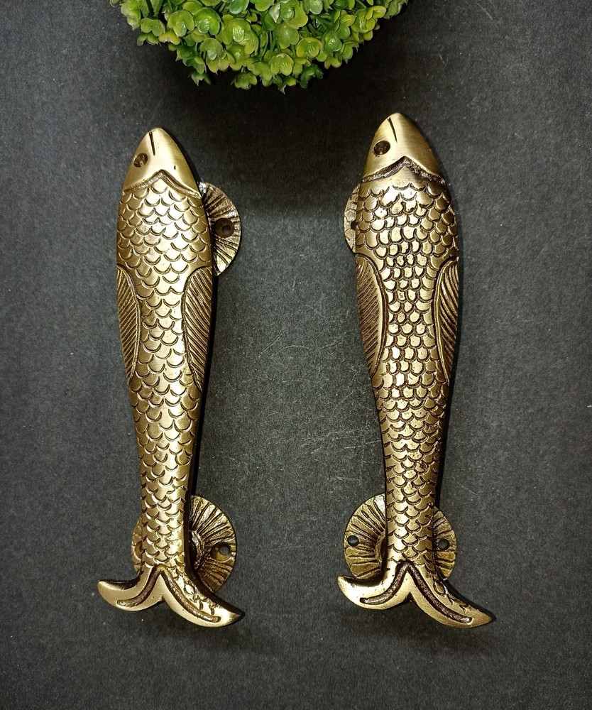 Lacquered Brass Sea Fish Cupboard Pull Office Interior Door Handle Pair AJ456