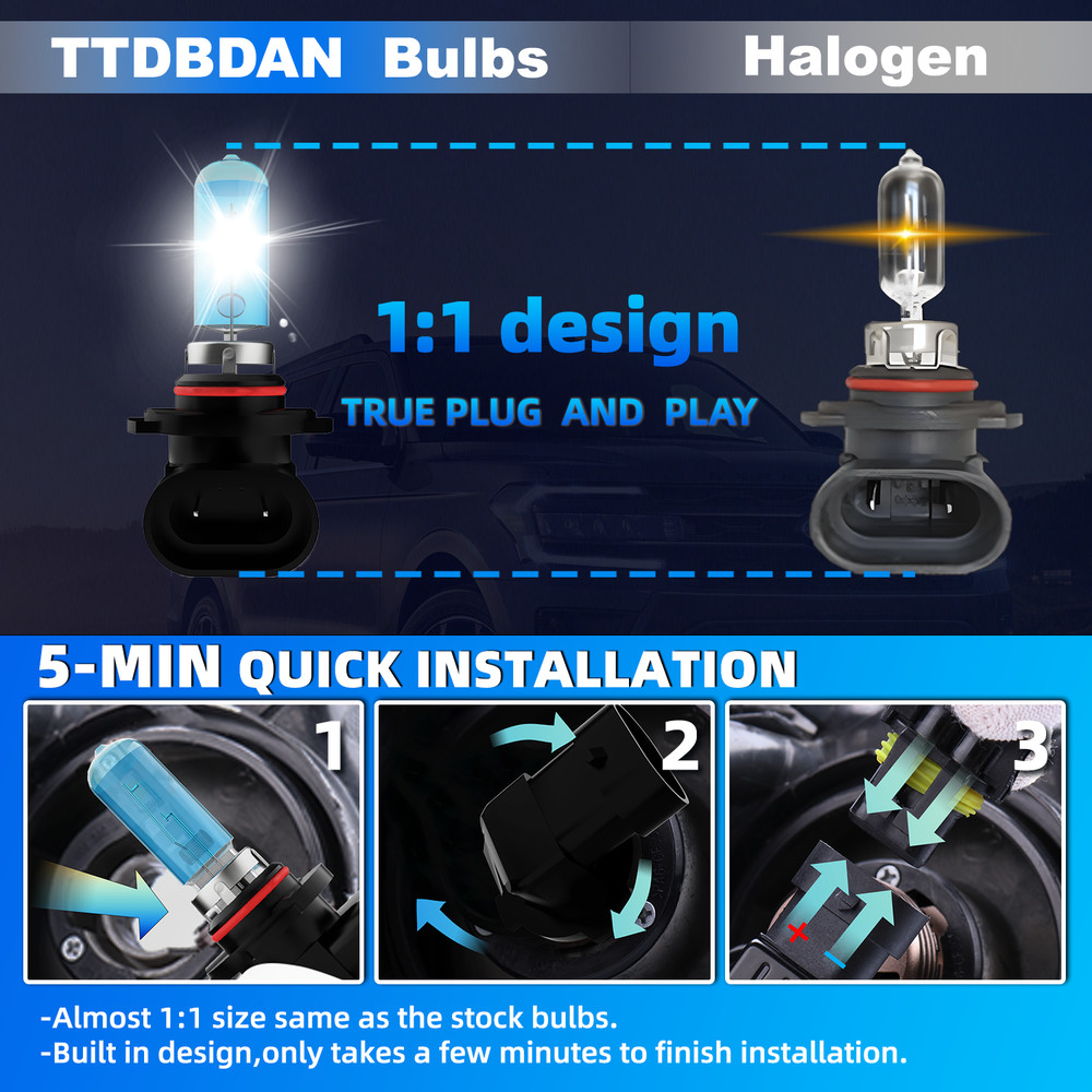 9005 HB3 Halogen Headlight Super Bright Bulbs Kit White 6000K High/Low Beam 2PCS