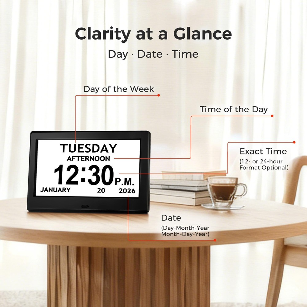 7'' Digital Clock, Dementia Clock With Date And Time, 10 Reminders, 6 Alarms,...