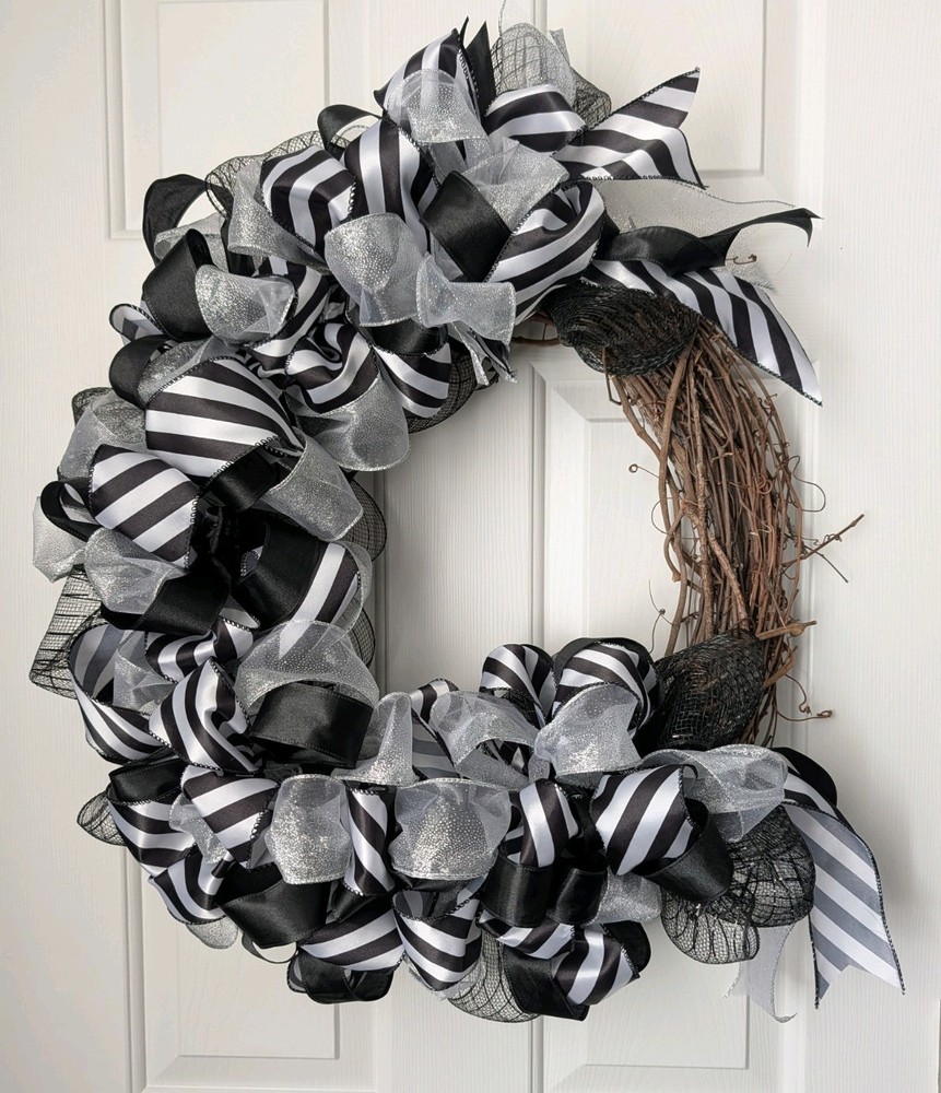 Black, White, Silver Grapevine Ribbon Wreath