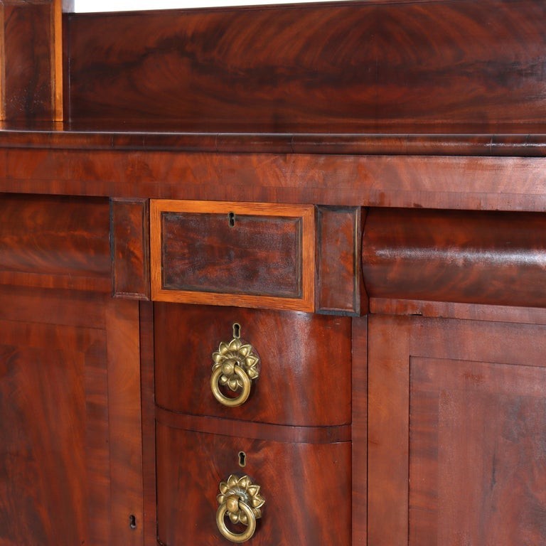 Antique American Empire Classical Flame Mahogany Sideboard, Bronze Pulls, c1840