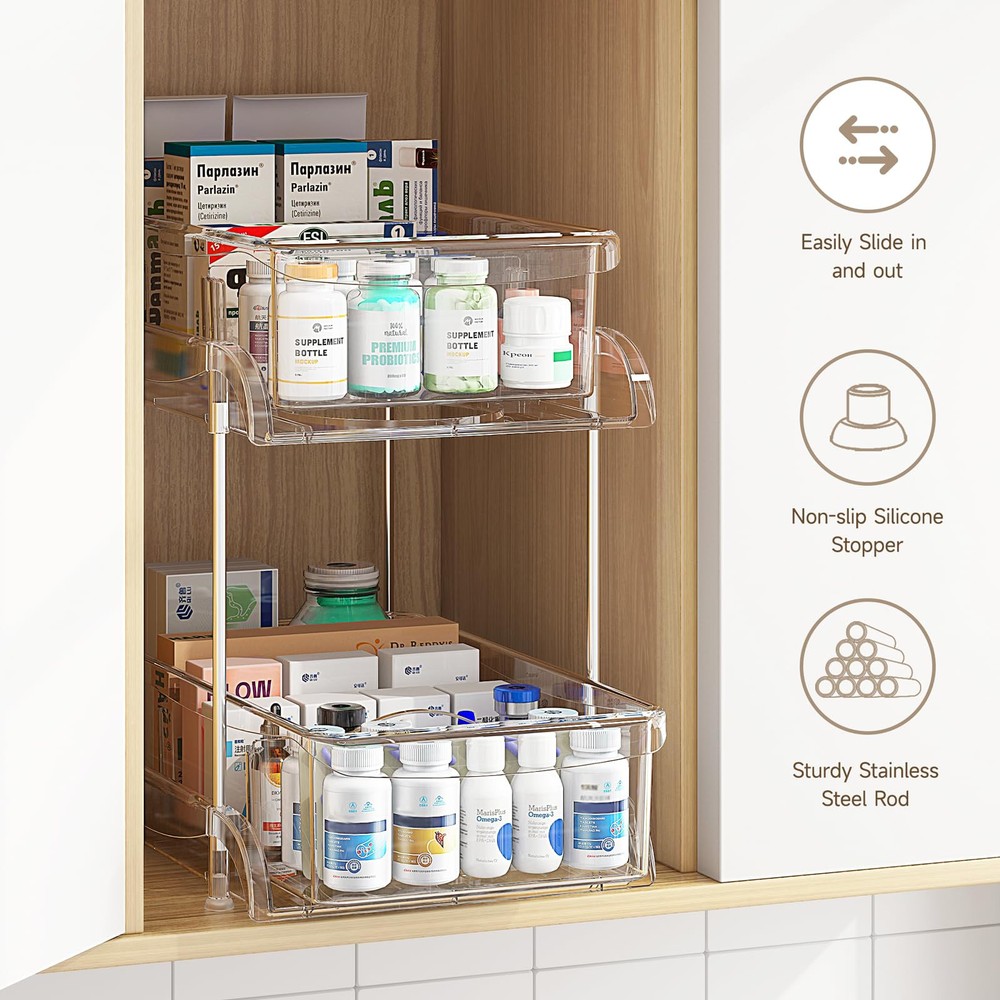 2 Pack Bathroom Cabinet Organizer 2 Tier Clear Under Sink Organizers and Storage