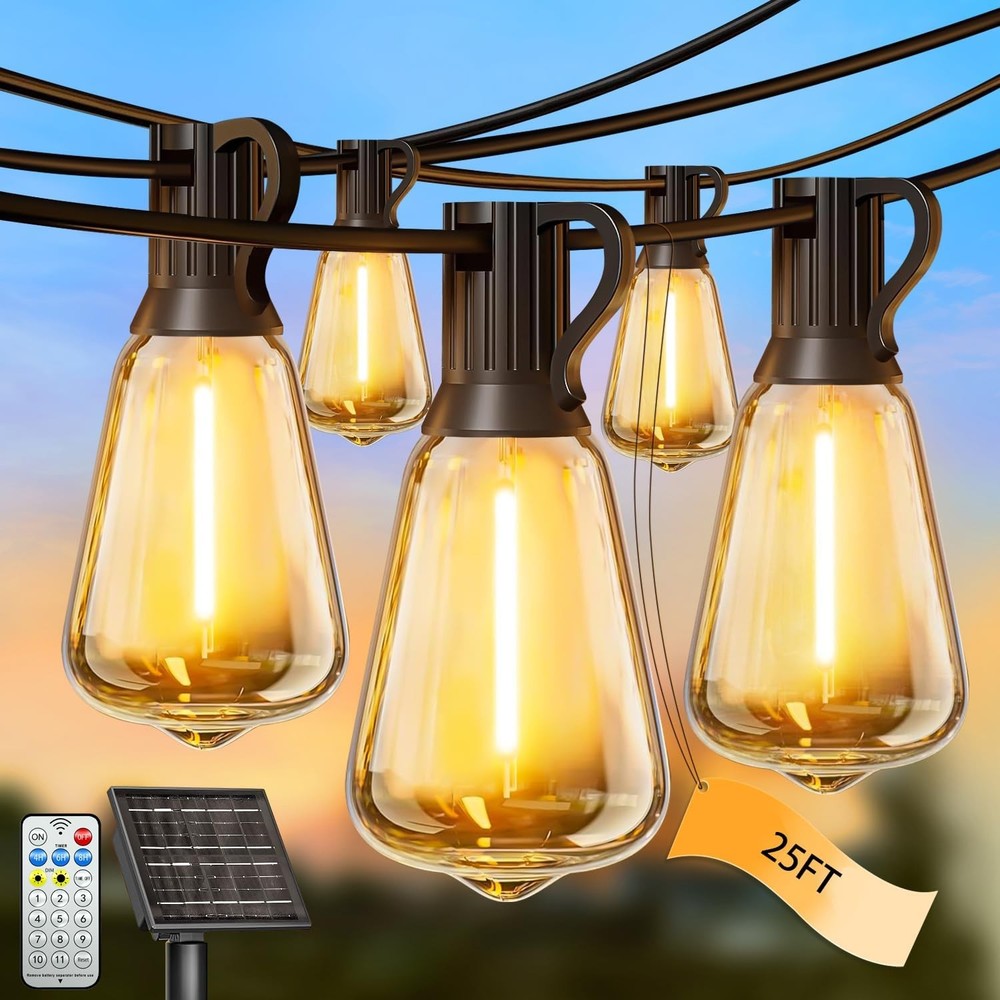 Solar String Lights Outdoor Waterproof LED ST38 Bulbs USB Remote Timer 25FT