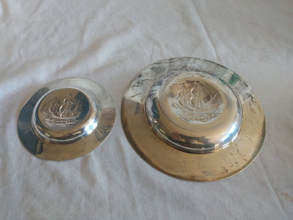 Vintage Garrard Set Solid Silver Armada Dish Central Sailing Ship 273 gm.