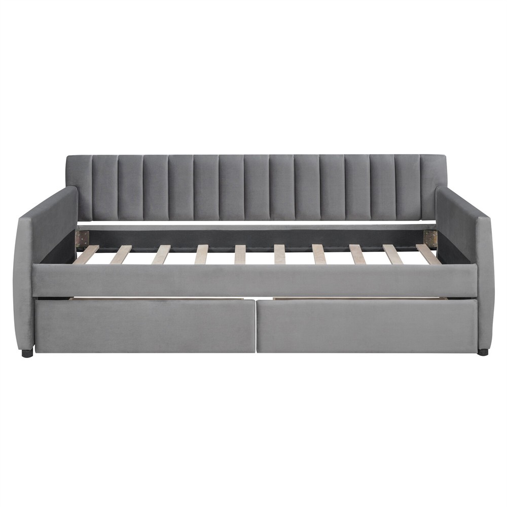 Twin Size Daybed with 2 Drawer Upholstered Bed Frame Sofa Bed w/ Storage Gray