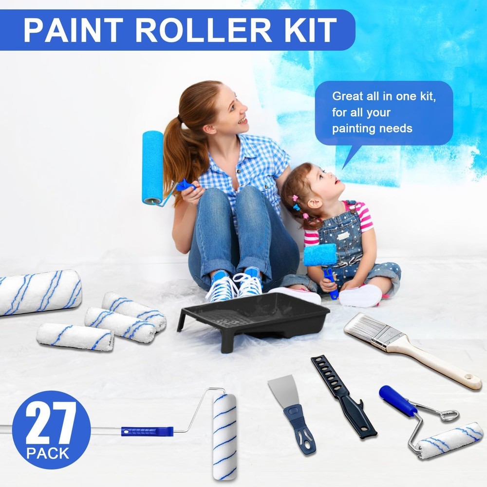 27 PCS Paint Roller Kit with Extension Pole, 4" & 9" Paint Rollers, Professional