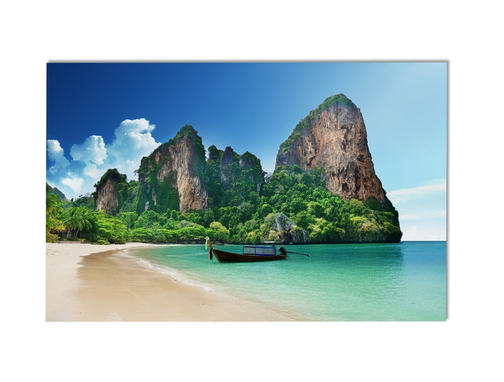 Tropical Beach Wall Art Print – Longtail Boat, Emerald Water & Limestone Cliffs