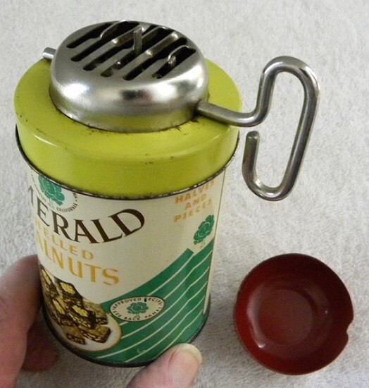 Vintage Emerald Shelled Walnuts Tin Can with Nut Chopper Top