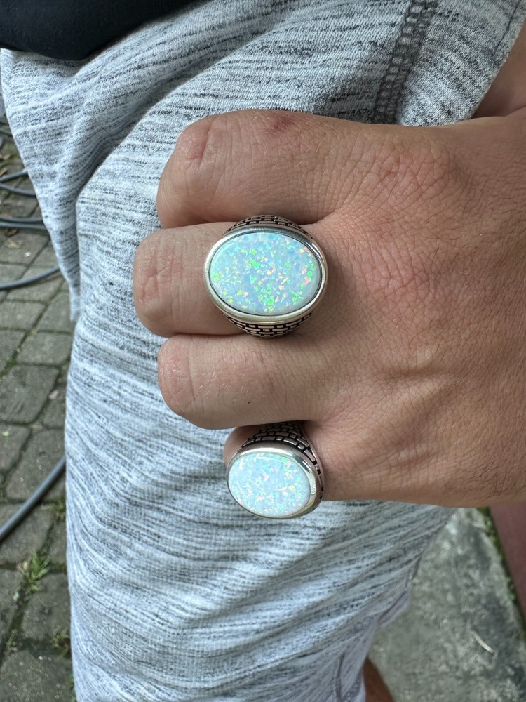 Real 925 Sterling Silver Lab Created White Fire Opal Gem Stone Ring Large Mens