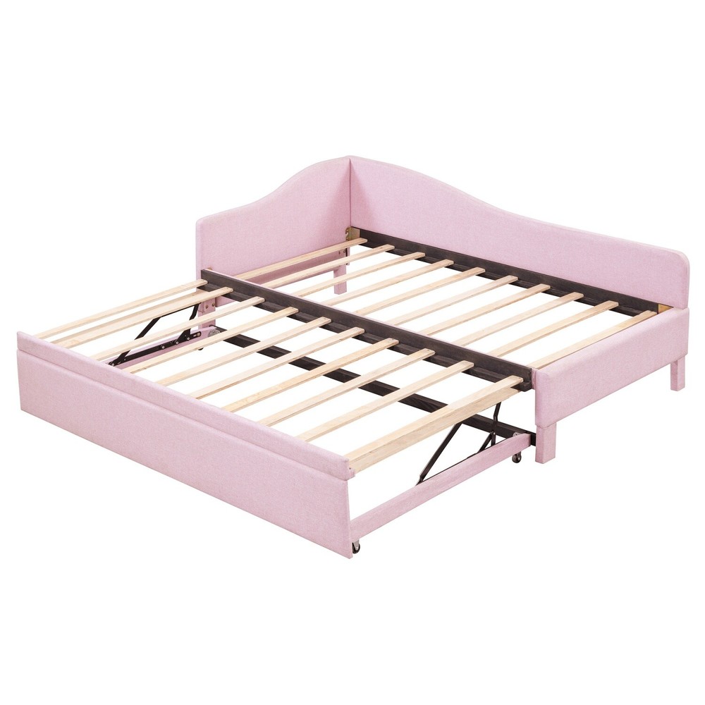 Twin Size Daybed Linen Upholstered Bed Frame Sofa Bed w/ Pull Out Trundle Bed