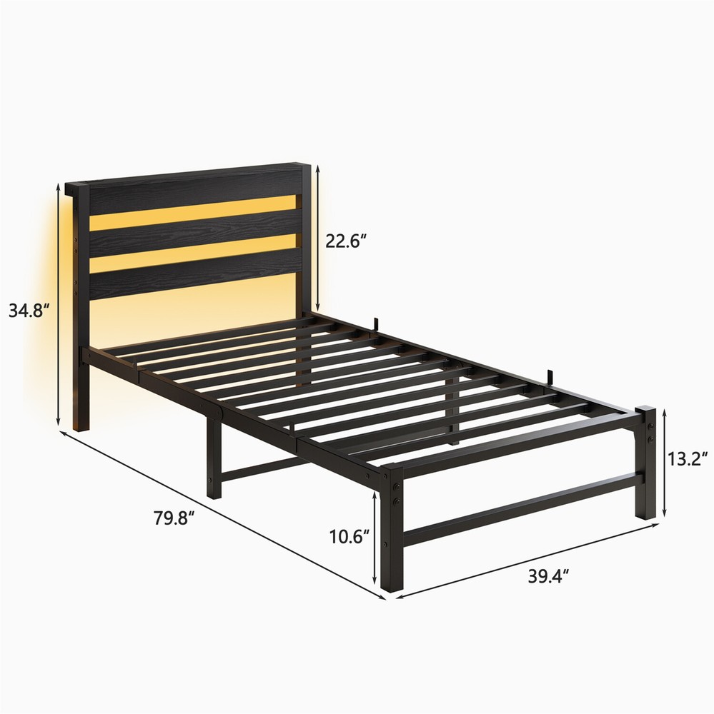 Twin Size Bed Frame Metal Platform Bed with LED Light & Charging Station