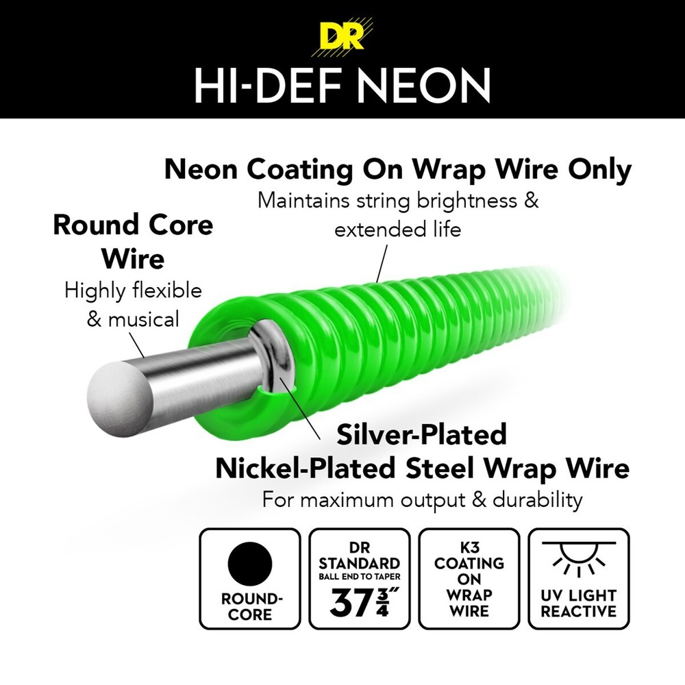 DR Strings Hi-Def NEON Green 6-String Bass Strings Medium 30-125