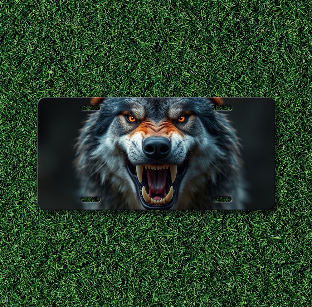 Realistic Wolf License Plate Snarling Design Add Text Front Bumper Plate Special