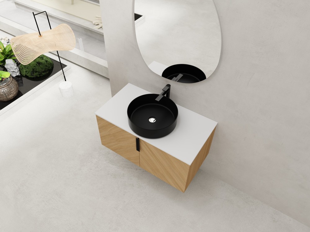 36" Wood Wall-Mounted Bathroom Vanity +Black Ceramic Sink Artificial Stone Slab