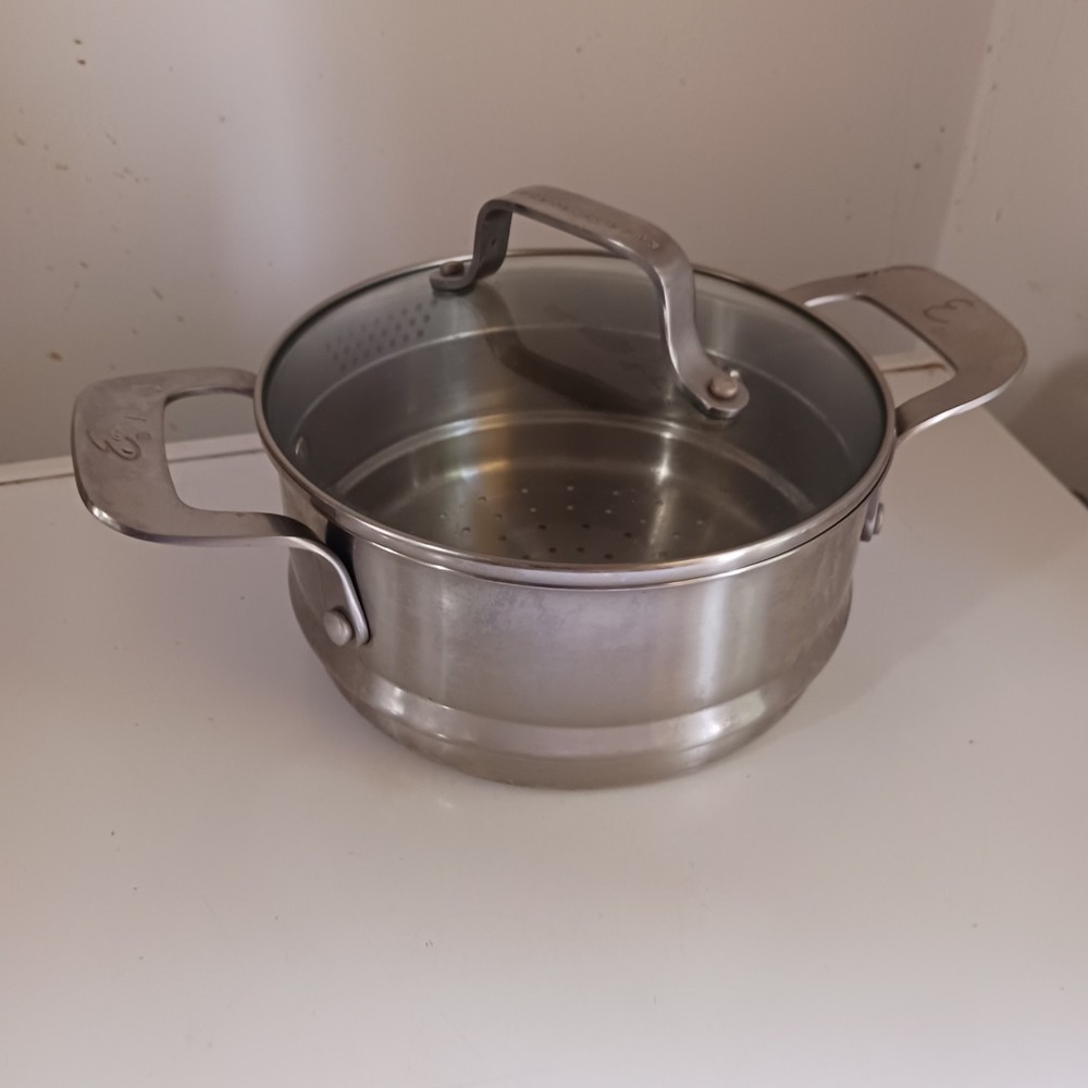 Emeril Stainless Strainer Steamer Pot Pan Insert Colander Double Handle 7.5" Lid