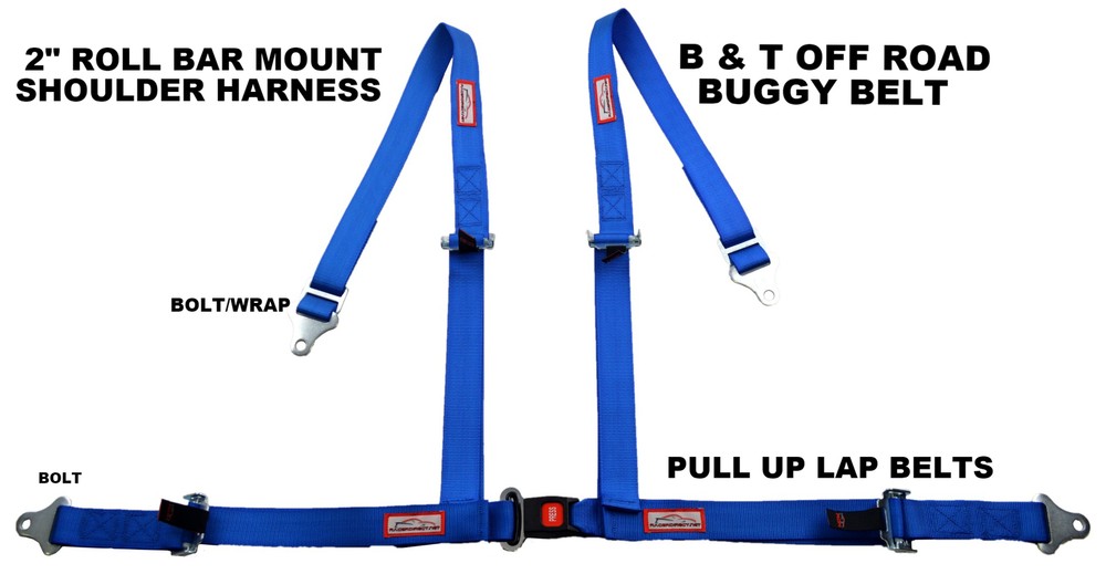 BLUE 4 POINT SEAT BELT HARNESS PULL UP LAP BELTS ROLL BAR MOUNT PUSH BUTTON