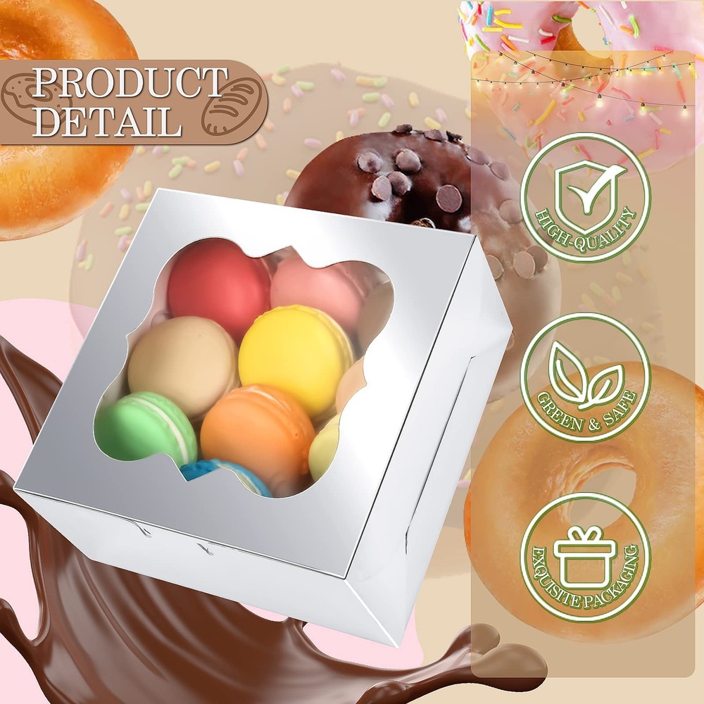 65 PCS 6x6x3 inch 5-Style Bakery Boxes with Window Silver Cookie Boxes