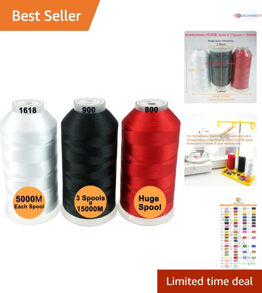 Assorted Polyester Embroidery Thread Spools 5000M-3 Pack All Colors for Machi...