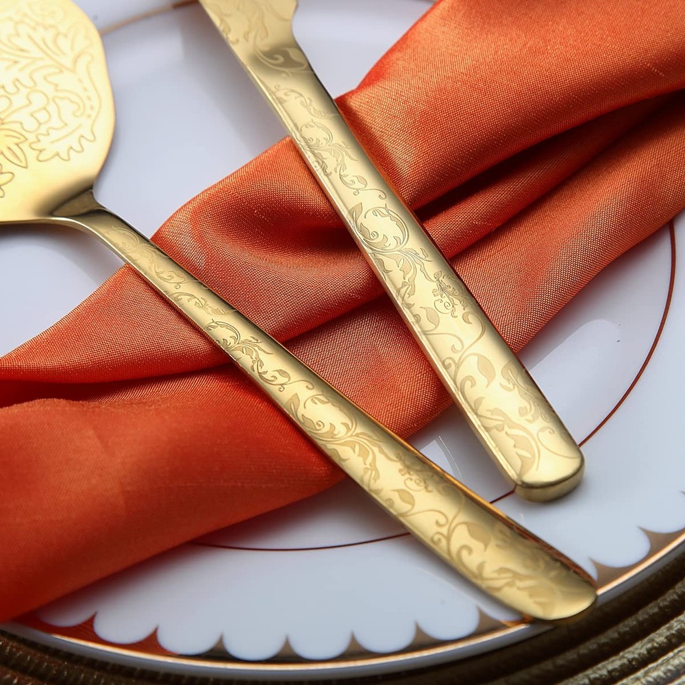 Gold Wedding Cake Knife and Server Set Titanium Gold Plating With Unique Pattern