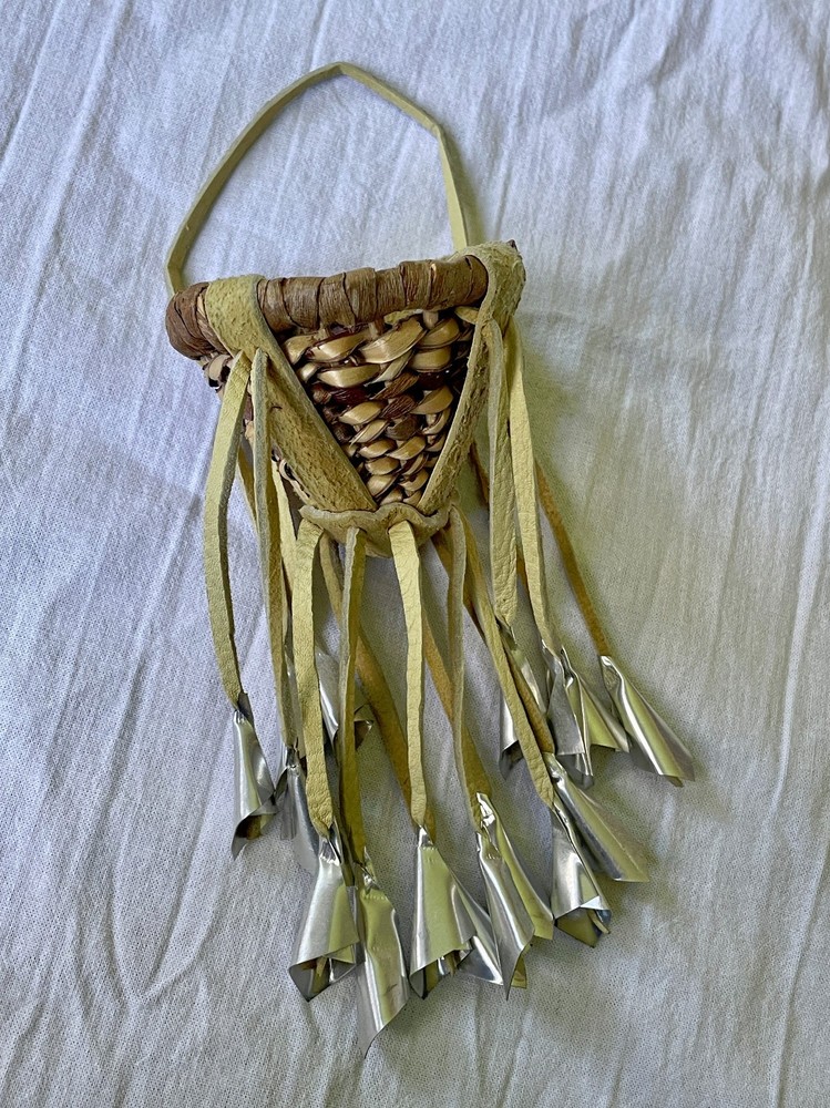 Miniature Apache Burden Basket Handwoven Leather strips tin Cones 7"