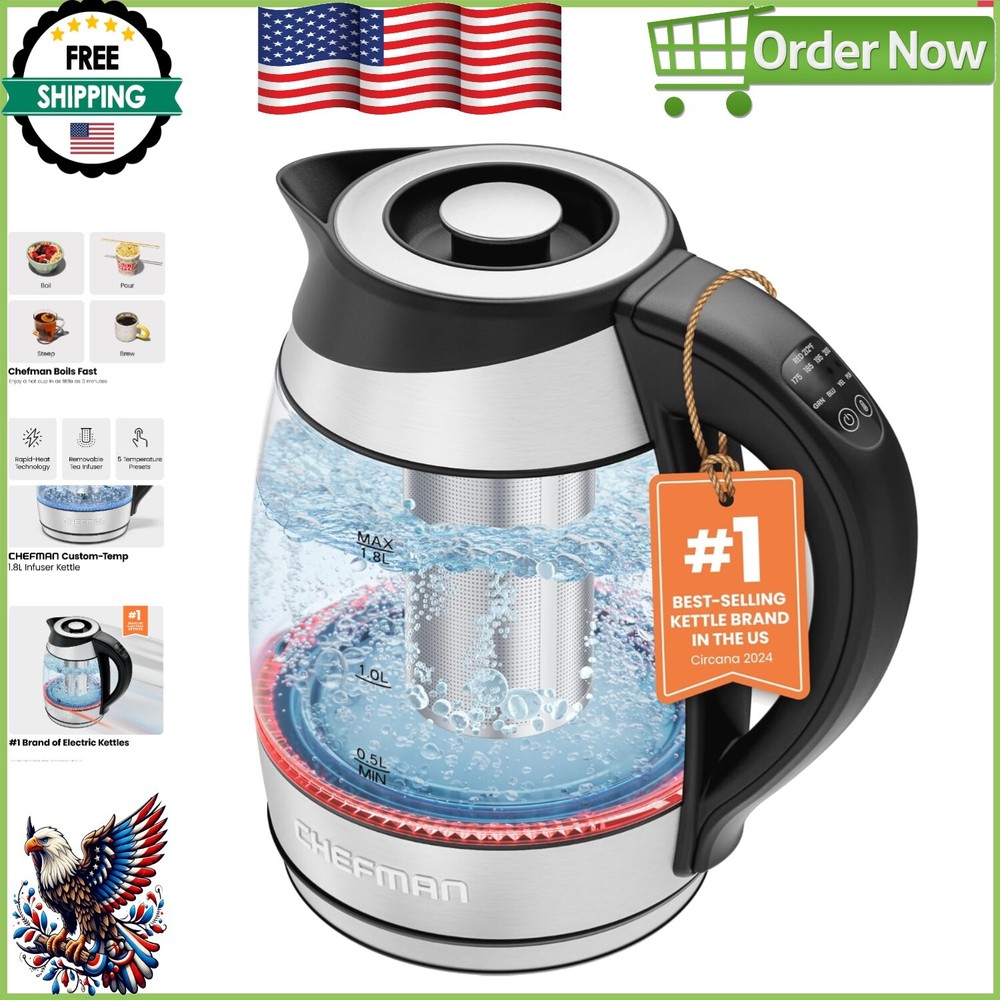 Glass & Stainless Steel Electric Kettle with 5 Heat Settings & LED Indicator