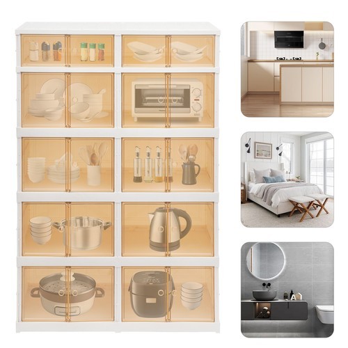 5 Tier Plastic Storage Containers with Doors & Wheels Foldable Organization