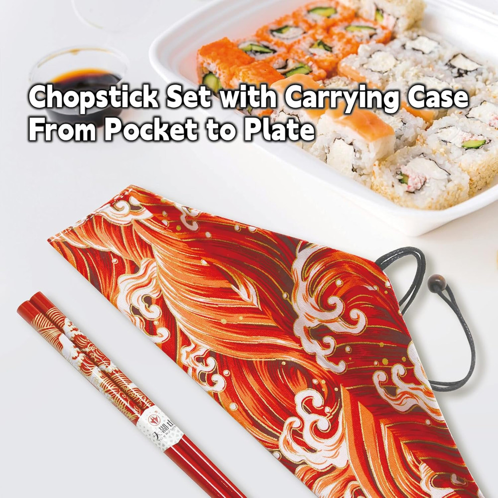 Chopsticks Reusable with Case, Bamboo Chopstick Gift Set Red Ocean Wave Pattern