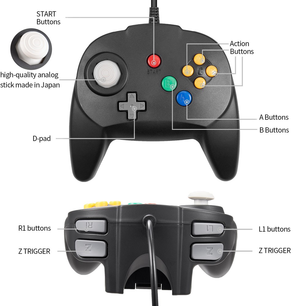Wired N64 Gaming Controller Classic Retro Bit Gamepad For Ultra 64 Game Console