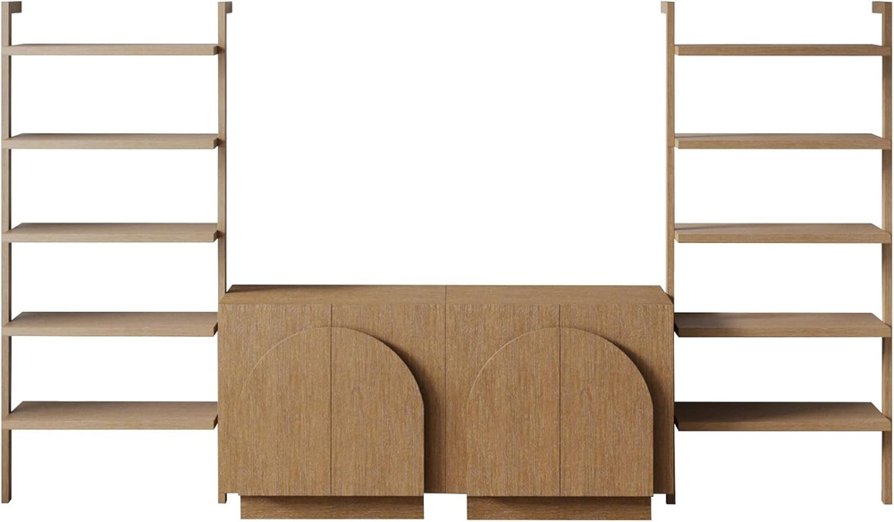 Mid-Century Modern Iris Sideboard & Bookcase Set - Light Brown Wood Storage