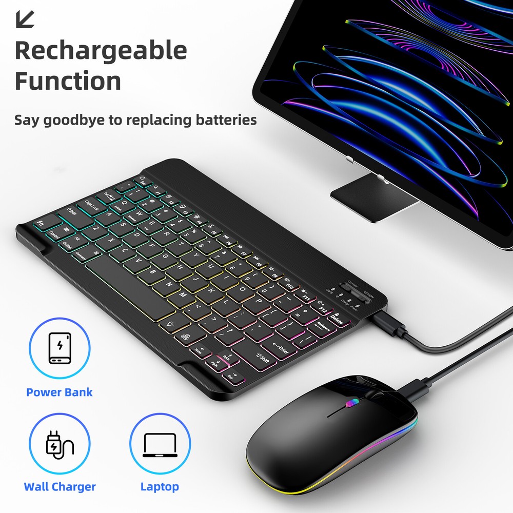 RGB Wireless Backlit Keyboard and Mouse Combo Set Bluetooth for iPad Laptop PC