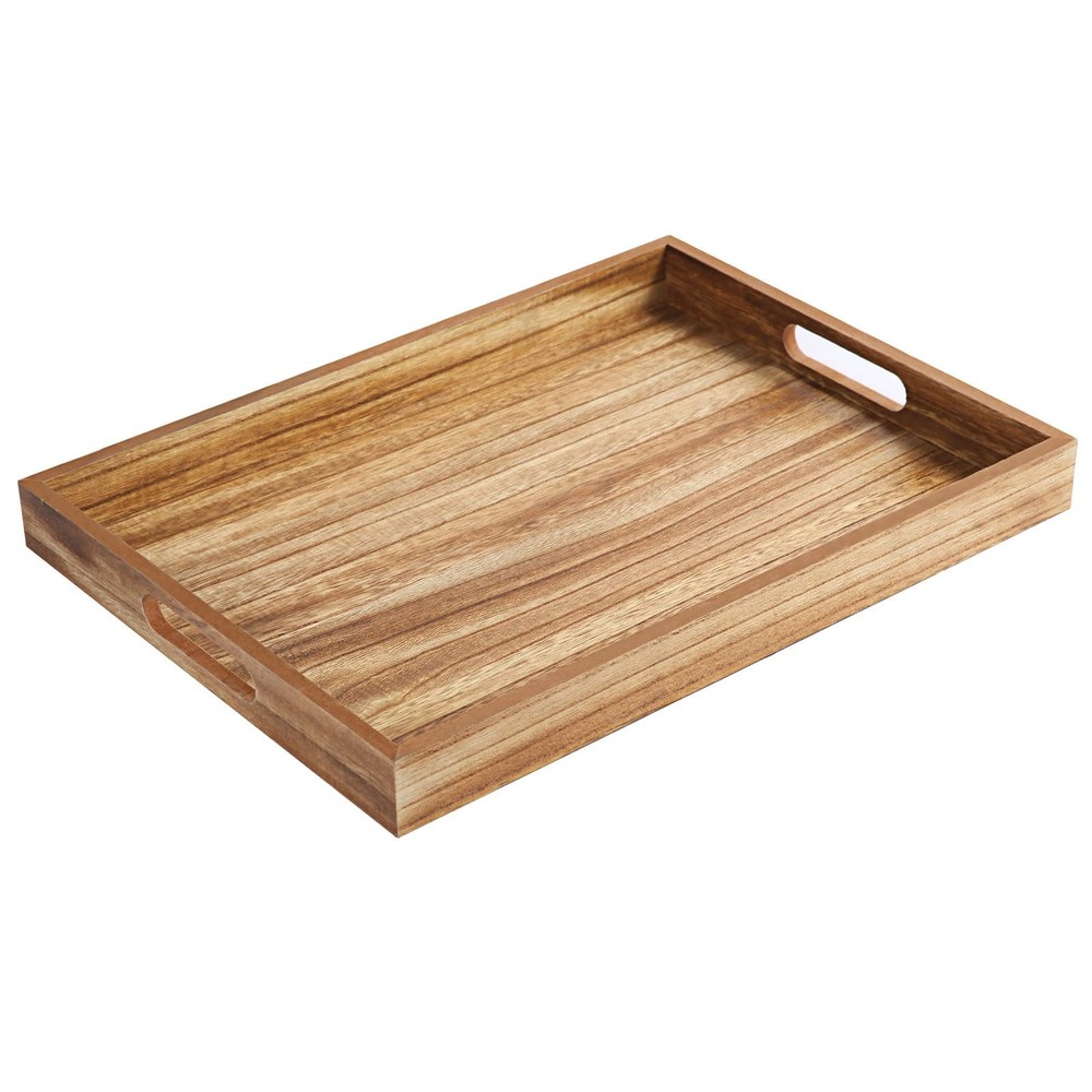 Wooden Serving Tray with Handles, Rustic Brown Rectangular Serving Platter 15...