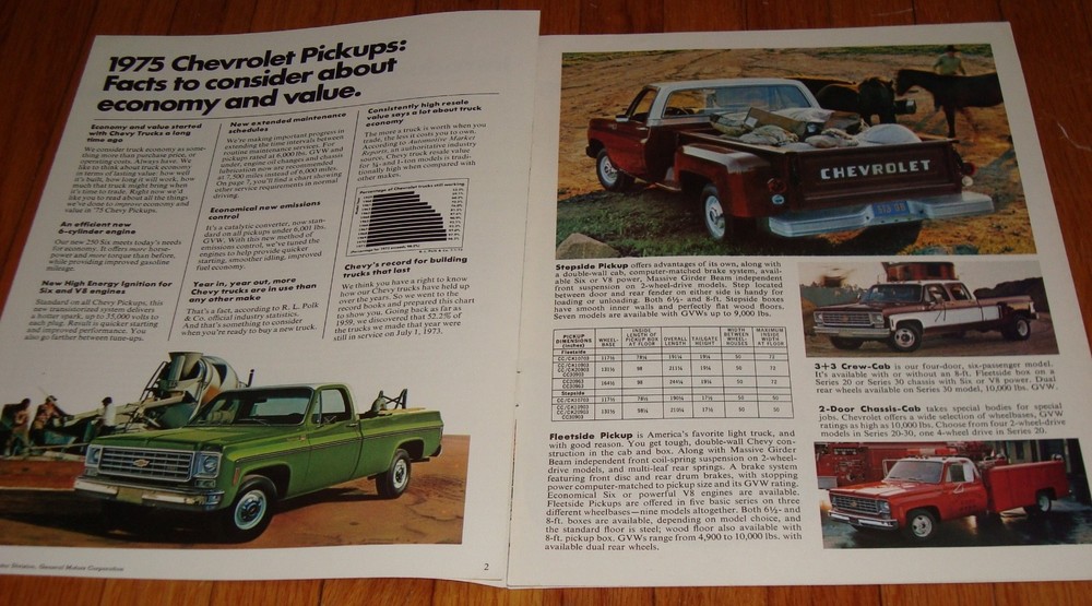 Original 1975 Chevrolet Pickup Sales Brochure Chevy Fleetside Stepside