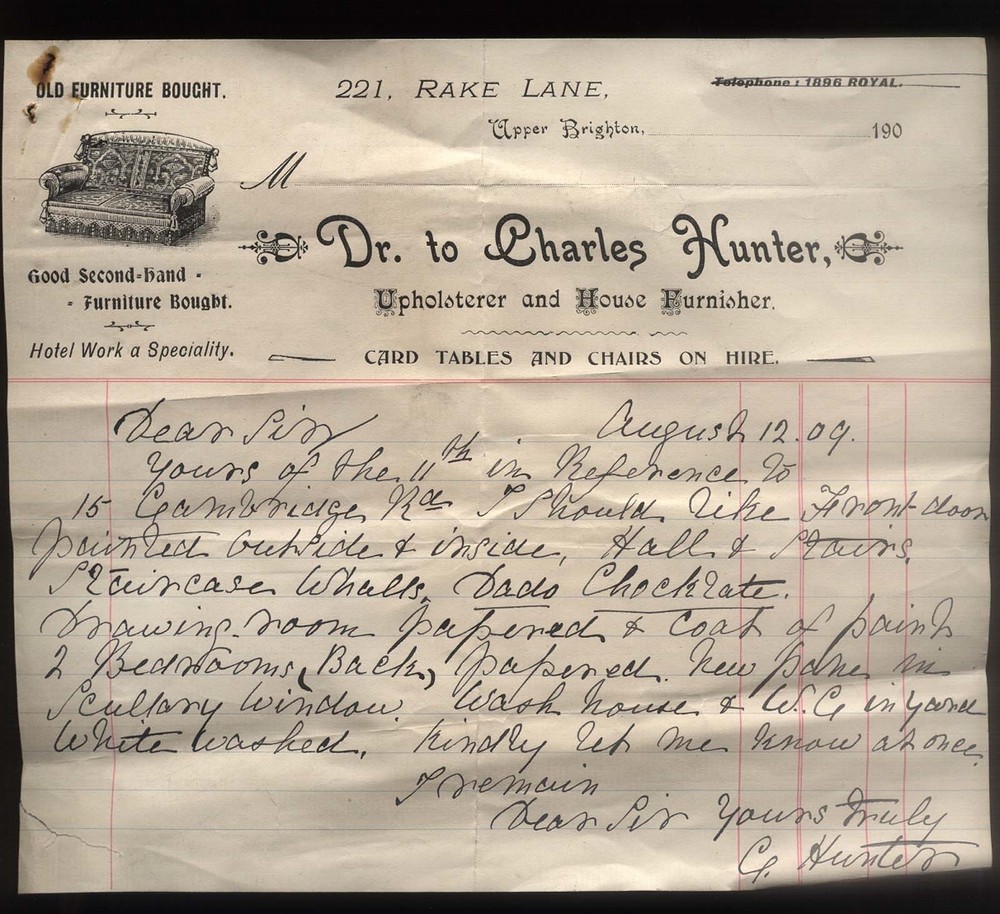 1909 UPPER BRIGHTON, WALLASEY, CHESHIRE, CHARLES HUNTER, UPHOLSTERER, BILLHEAD