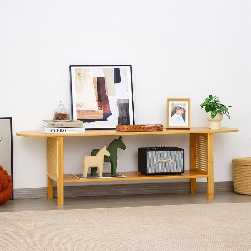 Bamboo TV Stand Rattan Design Ample Storage Multi-Functional Easy Assembly New