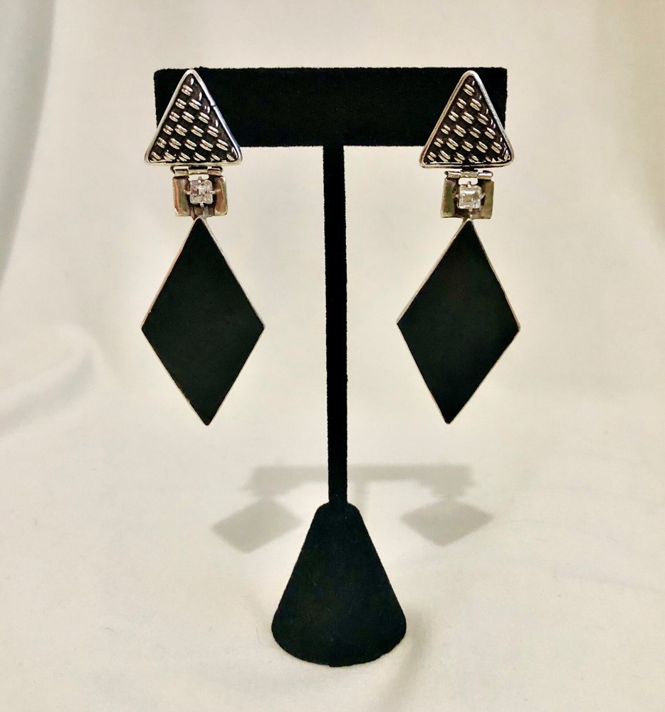 Modernist Deco Style 925 Sterling Silver Earrings ~ Onyx